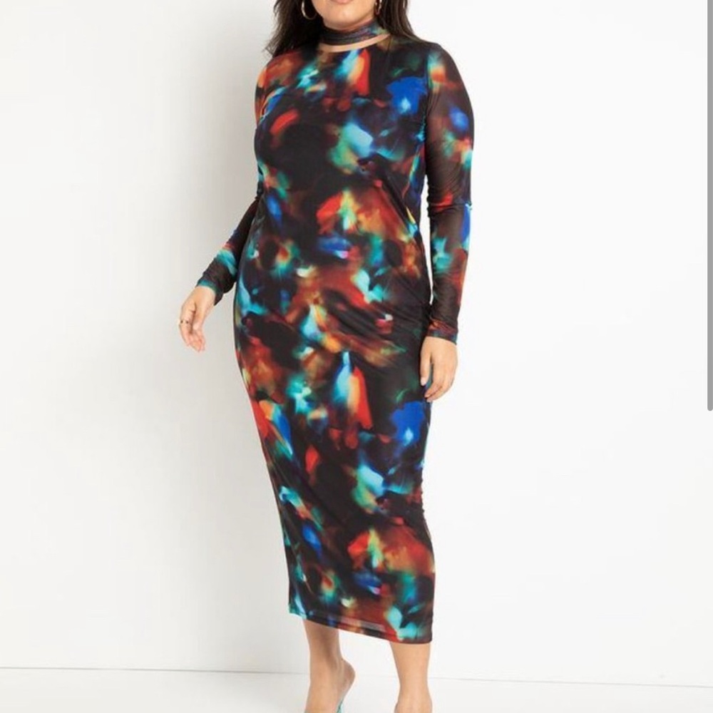 Eloquii Floating Mock Neck Mesh Dress in Kaleidoscope